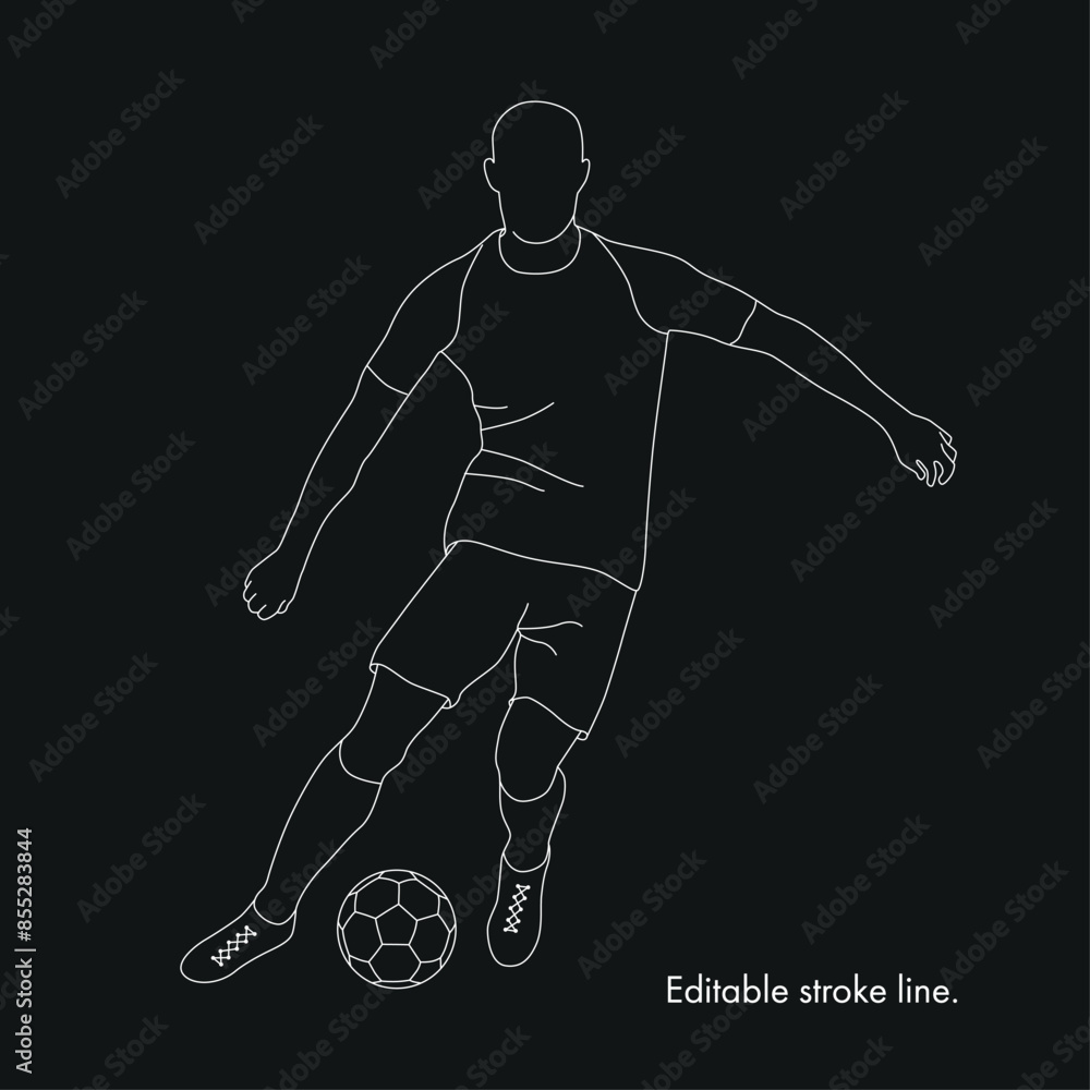 Fototapeta premium Soccer running player with ball. Vector stock one line hand drawing illustration isolated on black background for design template football championship, game. Editable stroke. 