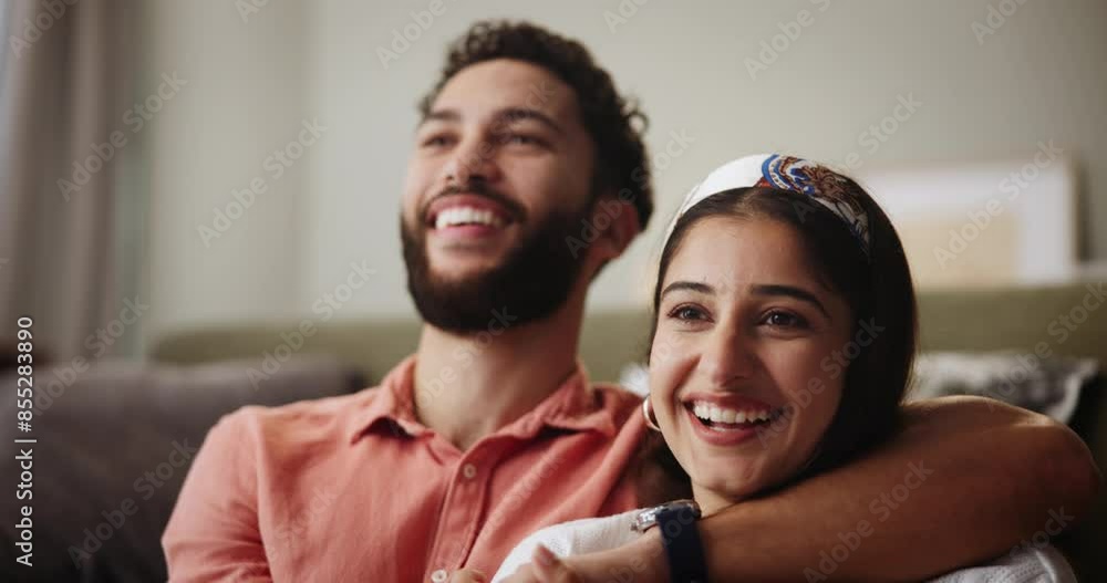 Home, watching tv and couple with hug on floor for date night, comedy film and bonding together. Happy people, man and woman with smile in lounge for commitment, romance and care in marriage Home, watching tv and couple with hug on floor for date night, comedy film and bonding together. Happy people, man and woman with smile in lounge for commitment, romance and care in marriage