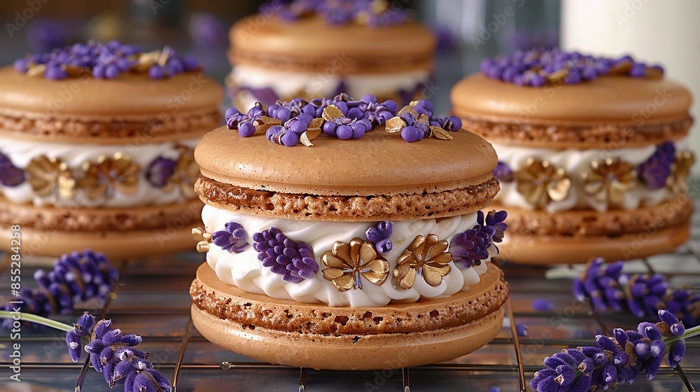 Close-up of a frosted cake with purple flowers, lavender sprigs, and cooling rack Close-up of a frosted cake with purple flowers, lavender sprigs, and cooling rack