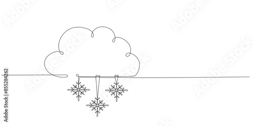 Cloud with snow - hand drawing one single continuous line banner. Vector stock illustration isolated on white background for design template weather forecast, travel blog. Editable stroke. 