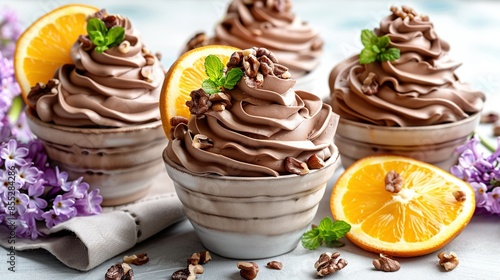   A group of cupcakes sits atop a table beside oranges and purple blooms