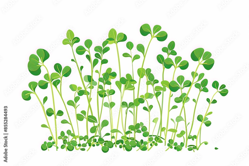 A close-up image of a cluster of microgreens growing on a white background. The microgreens have vibrant green leaves and stems. Generative AI A close-up image of a cluster of microgreens growing on a white background. The microgreens have vibrant green leaves and stems. Generative AI