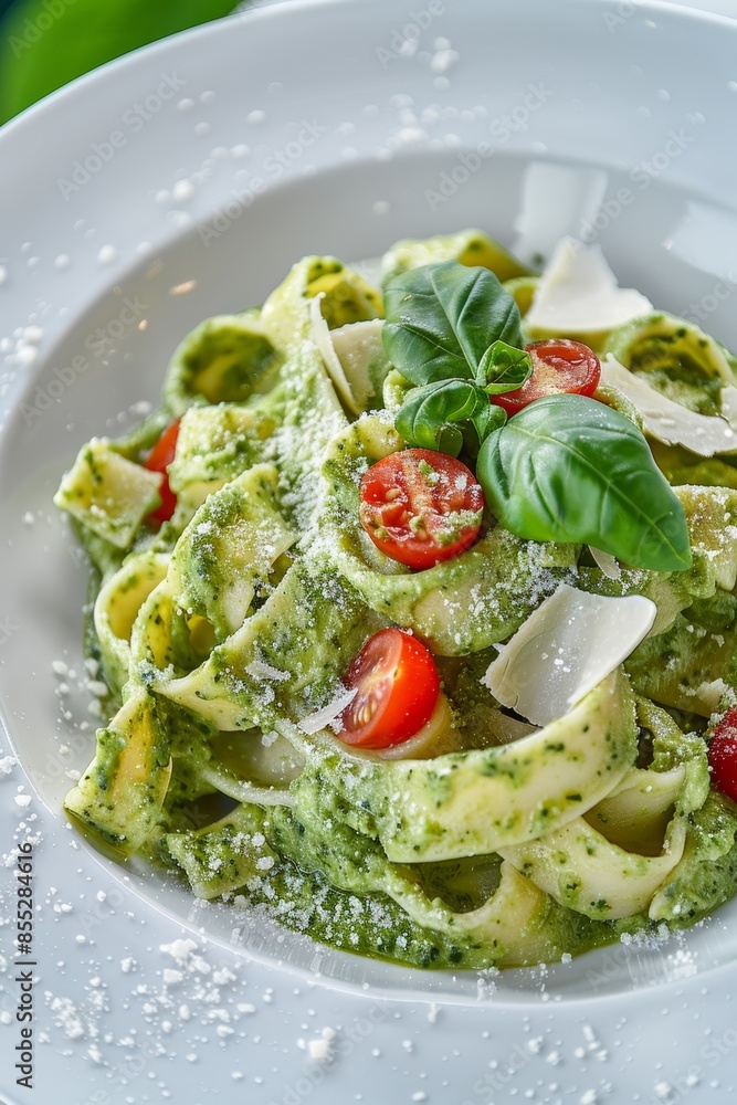 Creamy Avocado and Basil Pesto Pasta with Cherry Tomatoes and Parmesan Cheese in White Bowl Creamy Avocado and Basil Pesto Pasta with Cherry Tomatoes and Parmesan Cheese in White Bowl