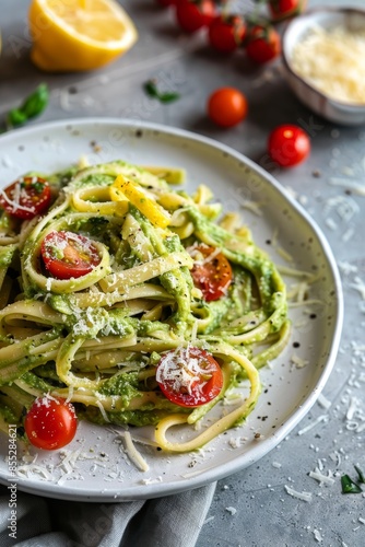 Delicious Creamy Avocado Lemon Pasta with Cherry Tomatoes and Parmesan Garnish for Fresh Summer Meals