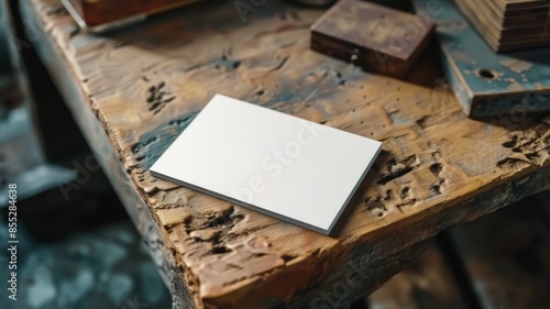 A white card sits on a wooden table © DX