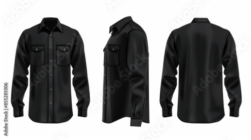 3D realistic vector illustration of a mens classic black shirt with long sleeves and chest pockets displayed in front side and back views Isolated on white photo