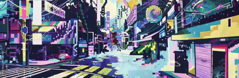 Fototapeta premium Vibrant Pixelated Cityscape with Colorful Geometric Patterns