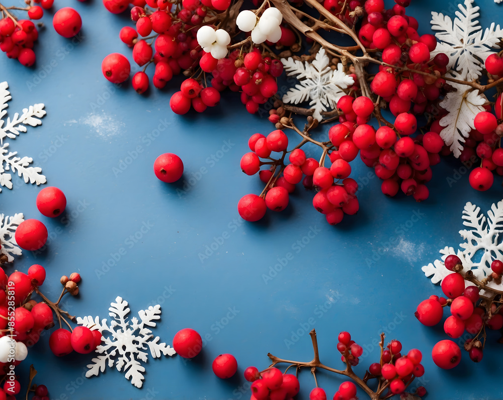 Christmas or winter composition. Snowflakes and red berries on a blue background. Christmas, winter, and New Year concepts. Flat lay, top view, copy space design Christmas or winter composition. Snowflakes and red berries on a blue background. Christmas, winter, and New Year concepts. Flat lay, top view, copy space design
