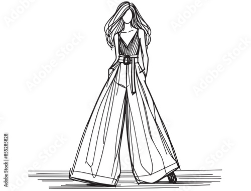 Fashion stylish girl in very wide pants. Sketch