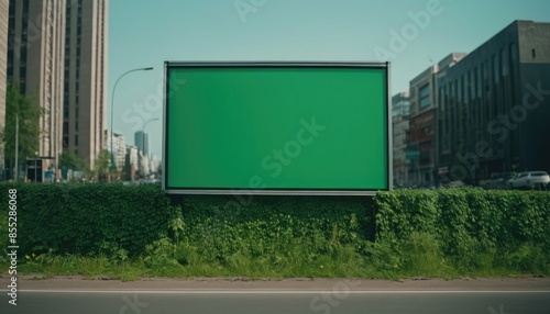 A blank green advertising board in a city, with cars driving by and lush trees on the roadside photo