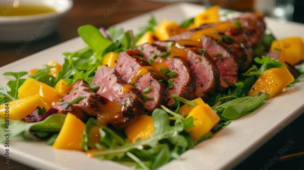 Gourmet Mango and Duck Breast Salad with Mixed Greens and Honey Lime Dressing for Elegant Dining Gourmet Mango and Duck Breast Salad with Mixed Greens and Honey Lime Dressing for Elegant Dining