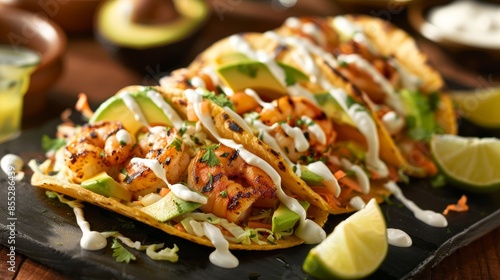 Gourmet Avocado and Shrimp Taco with Lime Crema: Perfect for Summer Dining, Menu Design, Poster photo