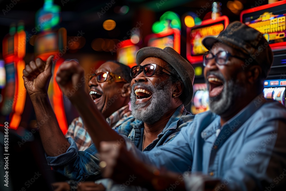 Obraz premium Excited Men Playing Slot Machines At Casino