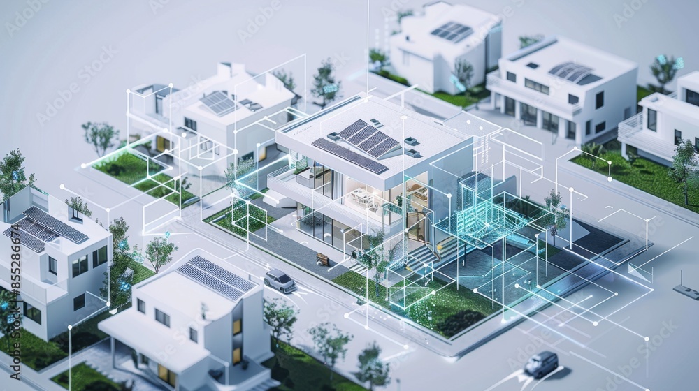 An aerial view of a neighborhood with smart homes connected by digital lines illustrating the concept of smart living. An aerial view of a neighborhood with smart homes connected by digital lines illustrating the concept of smart living.