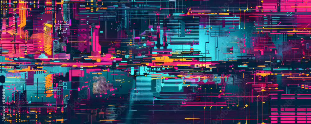 Obraz premium Colorful Abstract Painting with Geometric Shapes and Grid Patterns, Showcasing Digital Aesthetics