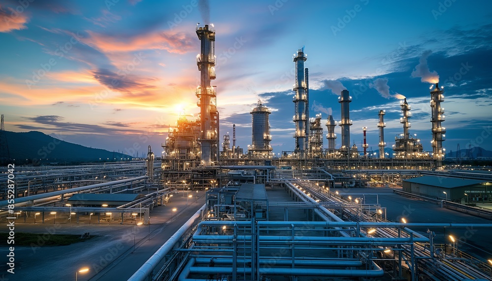An industrial landscape capturing a large oil refinery lit by the setting sun, with intricate piping and towers An industrial landscape capturing a large oil refinery lit by the setting sun, with intricate piping and towers
