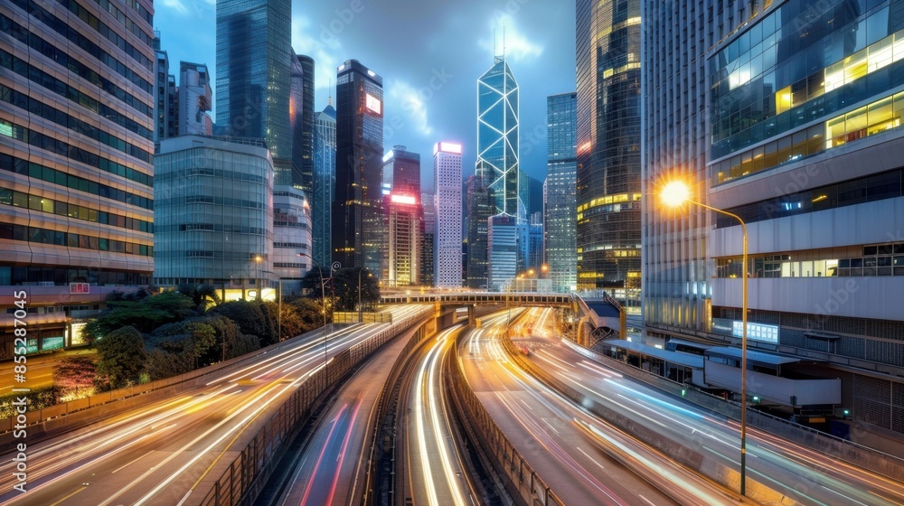 Fototapeta premium A stunning view of Hong Kong's skyline with tall buildings and a highway filled with light trails from passing cars.