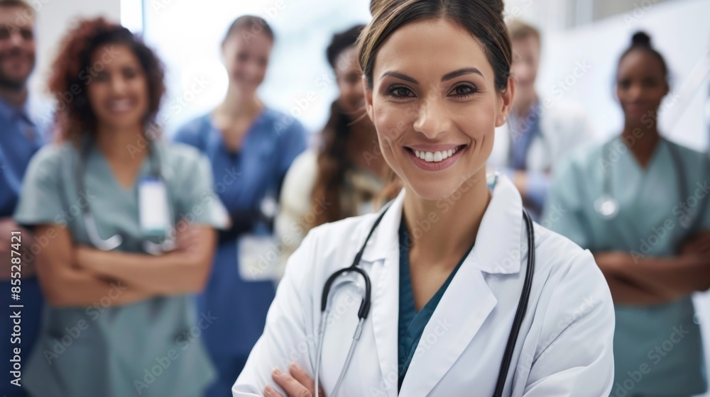 A female doctor in a white coat, with a stethoscope around her neck, smiles confidently while standing in front of a group of healthcare professionals. A female doctor in a white coat, with a stethoscope around her neck, smiles confidently while standing in front of a group of healthcare professionals.