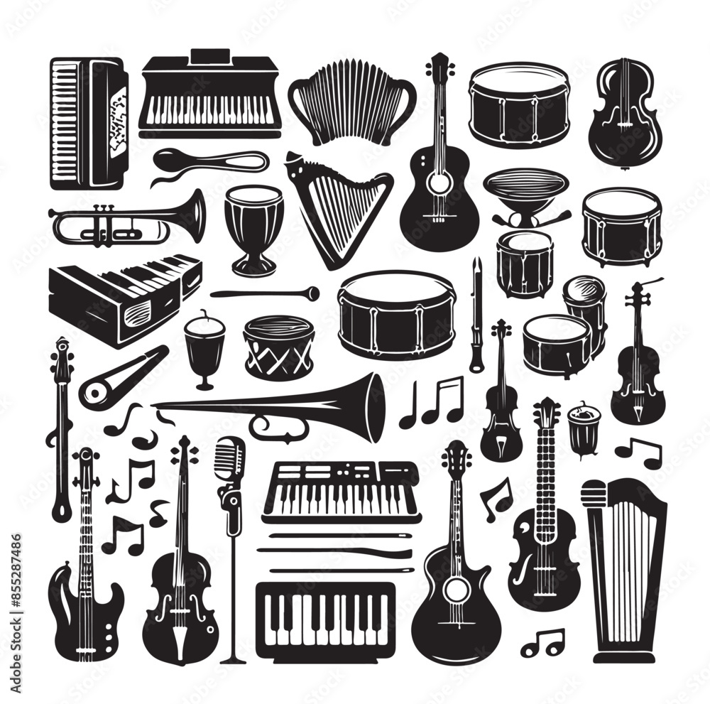 Obraz premium Music Instruments icon collection - vector silhouette illustration 