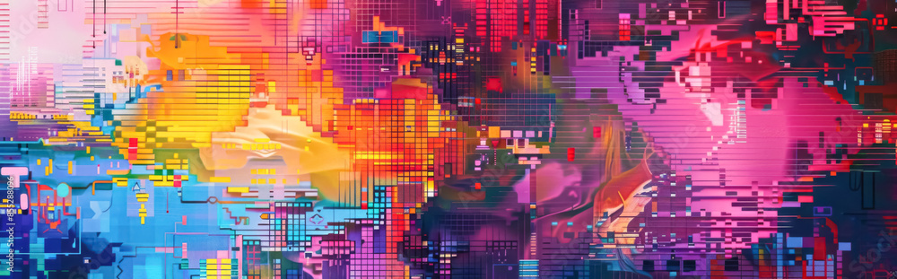 Obraz premium Colorful Abstract Painting with Geometric Shapes and Grid Patterns, Showcasing Digital Aesthetics