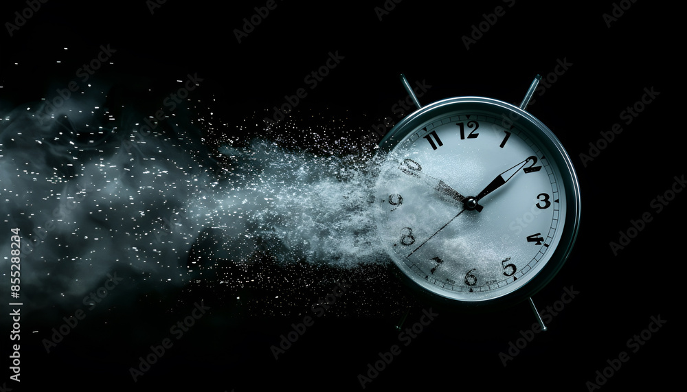 Fleeting time concept. Analog clock dissolving on black background Fleeting time concept. Analog clock dissolving on black background
