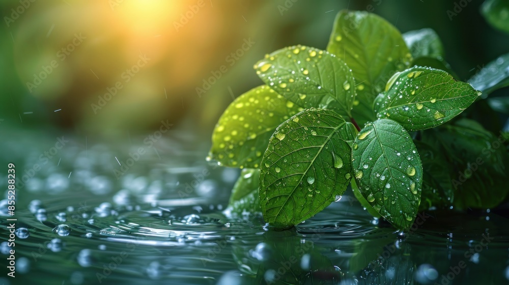 fresh green leaves with water drops over the water , relaxation with water ripple drops concept fresh green leaves with water drops over the water , relaxation with water ripple drops concept