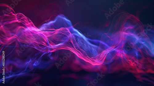 Abstract waves, flowing in the air, glass effect, fiber, cinema 4d, blender, high quality render, high quality texture, dark background, neon blue red purple color, cinematic