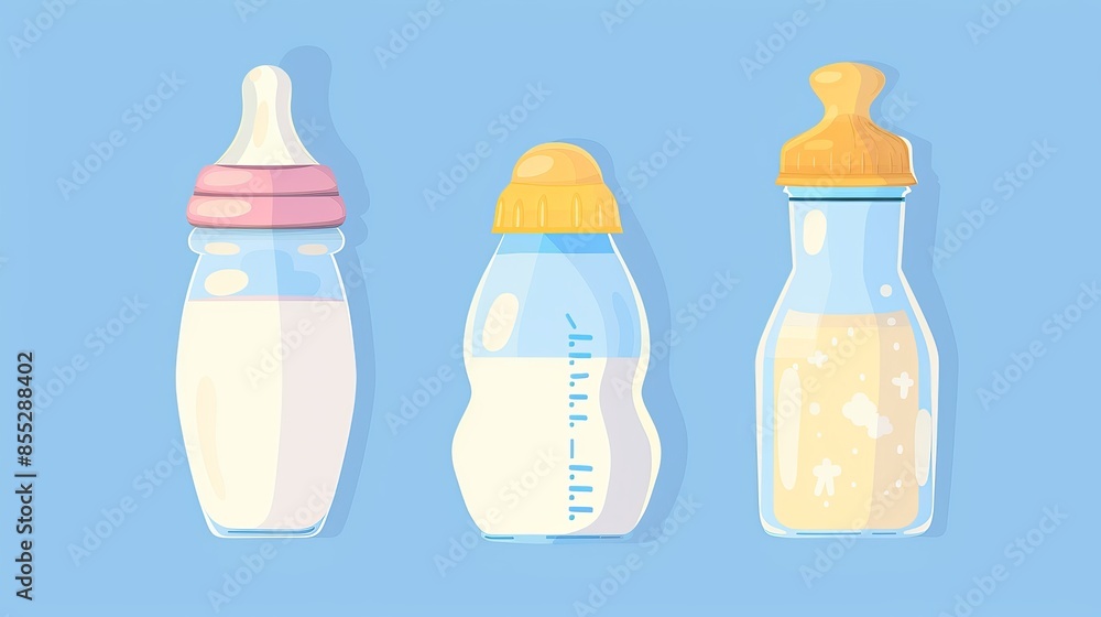 Cartoonstyle vector illustration of a baby milk bottle with white drink a dairy product for newborns isolated on white Cartoonstyle vector illustration of a baby milk bottle with white drink a dairy product for newborns isolated on white