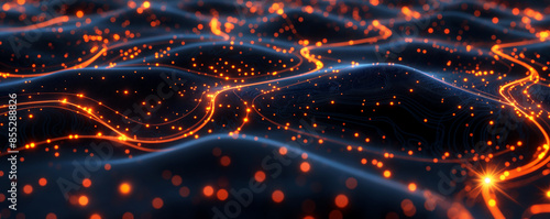Abstract digital background with glowing lines and dots forming a network, Dark blue backdrop with orange highlights.