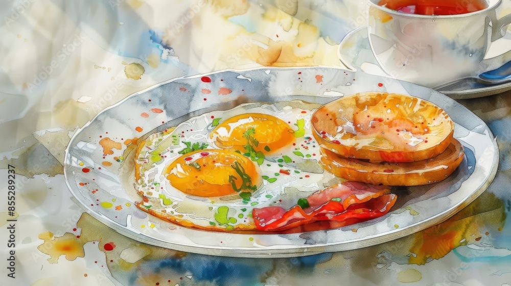 Looks yummy! Two eggs over easy with thick-cut bacon and wheat toast on the side. Looks yummy! Two eggs over easy with thick-cut bacon and wheat toast on the side.