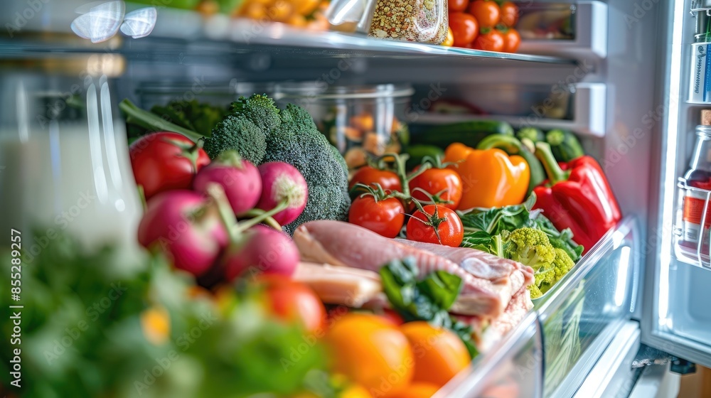 Fresh Ingredients Neatly Arranged in Open Fridge Fresh Ingredients Neatly Arranged in Open Fridge