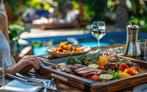 Grilled Meat and Vegetable Platter by the Pool