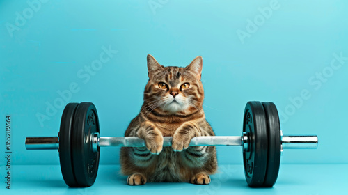 tabby cat doing bench press with barbell,  photo