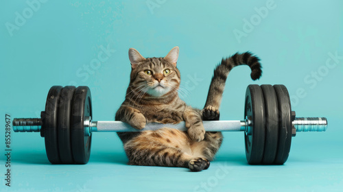 tabby cat doing bench press with barbell,  photo