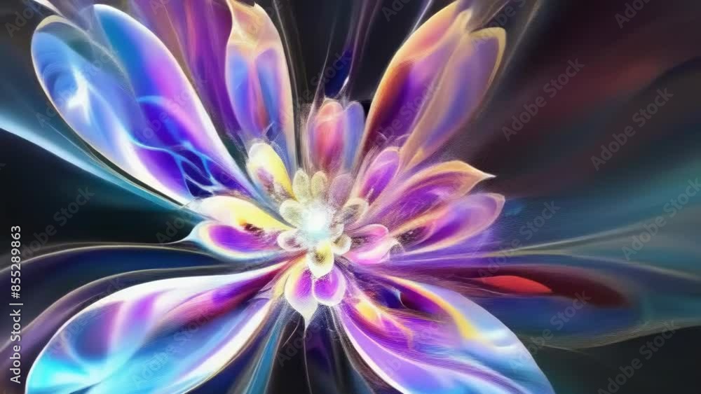 This abstract digital artwork features a radiant, glowing flower-like design with iridescent colors against a dark background. The intricate details create a luminous effect, evoking a sense of This abstract digital artwork features a radiant, glowing flower-like design with iridescent colors against a dark background. The intricate details create a luminous effect, evoking a sense of