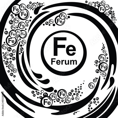 Mineral Ferrum. Fe iron formula symbol. Vitamin ferrum complex nutrition substance. Vector illustration.