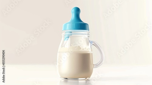 Realistic 3D vector illustration of a baby milk bottle with handles for feeding a newborn featuring a pacifier nipple and blue cap isolated on a white background