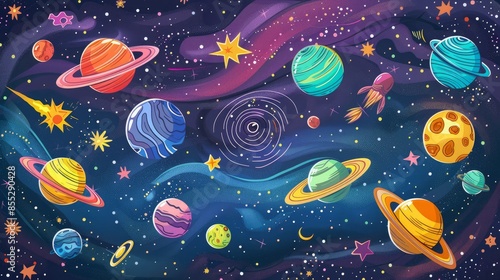 Handdrawn cartoonstyle space illustration of a black hole attracting planets stars and various space objects