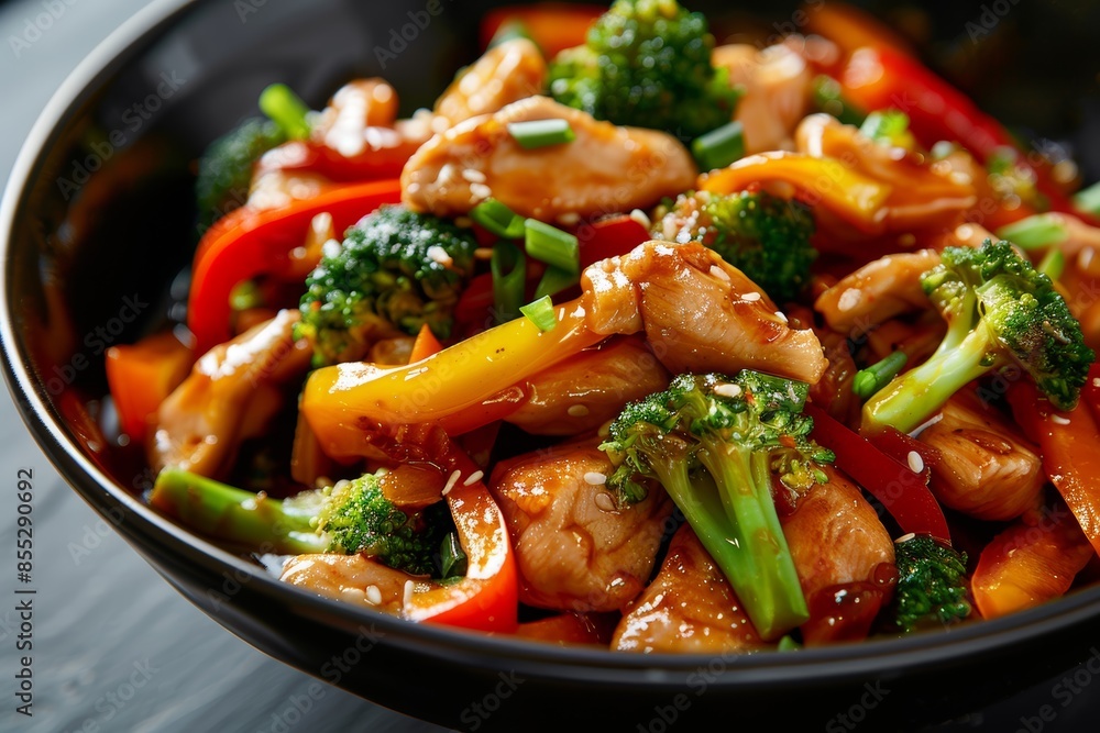 Vibrant Chicken and Vegetable Stir Fry in Black Bowl - Colorful Gourmet Meal for Food Photography Vibrant Chicken and Vegetable Stir Fry in Black Bowl - Colorful Gourmet Meal for Food Photography