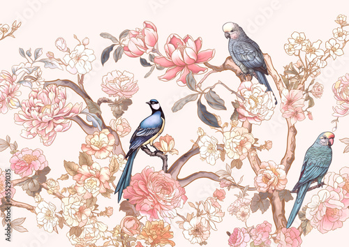 Blossom trees with sparrow and parrots Seamless pattern, background. Vector illustration. In Chinoiserie, botanical style