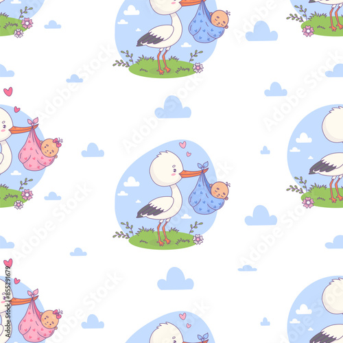 Seamless pattern with cute stork with newborn babies boy and girl on white background with clouds. Vector illustration. Cartoon bird kawaii and childish birthday. Kids collection