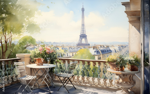 Parisian Balcony with Eiffel Tower View © Trichaiwat