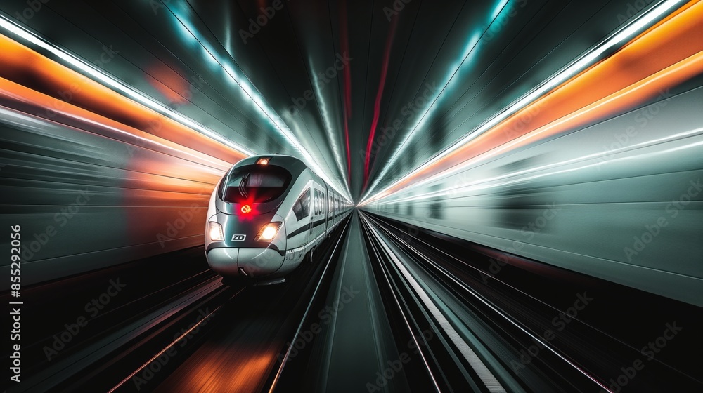 Modern high speed red passenger train moving through railway station at night. Railway station in Nuremberg. Railroad with motion blur effect. Modern high speed red passenger train moving through railway station at night. Railway station in Nuremberg. Railroad with motion blur effect.
