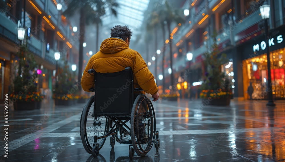 A man in a wheelchair is viewed from behind on a rainy, atmospheric street with illuminated shops A man in a wheelchair is viewed from behind on a rainy, atmospheric street with illuminated shops