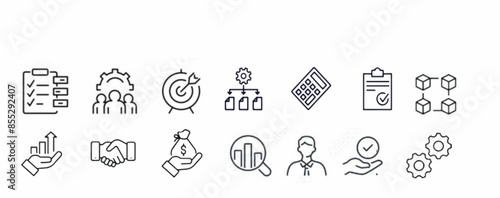 Operation management and business administration editable stroke outline icons set isolated photo