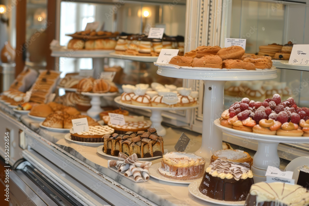 Fototapeta premium Cozy bakery interior with fresh assortment, Bright and inviting bakery showcasing a variety of bread and pastries