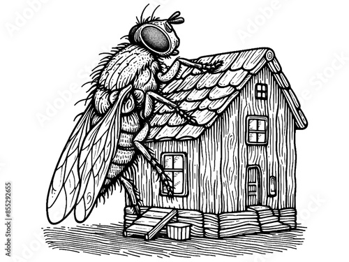 Giant fly sits on wooden house, old building. Children picture, coloring book. Generative ai vector.