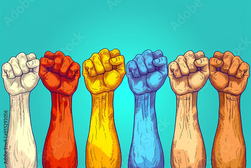 Unity and strength. Fists raised in solidarity for social justice movements and activism