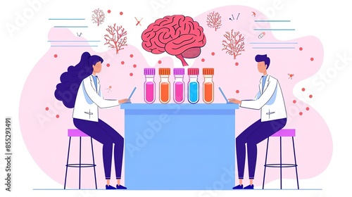 Two scientists work on research in a lab, examining colorful liquids and a brain illustration above them.