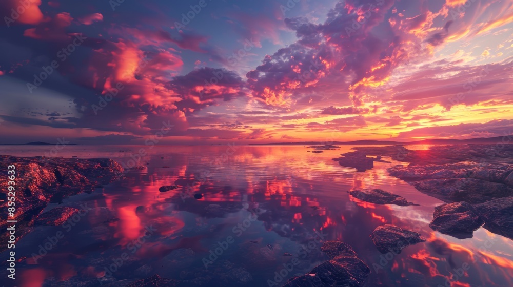 Fototapeta premium Vibrant Sunset Over Rocky Coastline with Reflection in Water, Perfect for Posters or Card Designs